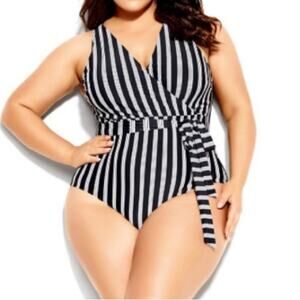 NWT City Chic black stripe Palm Beach belted one piece swimsuit, 22